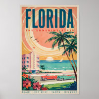 Florida Coast Cars Illustration Travel Art Vintage