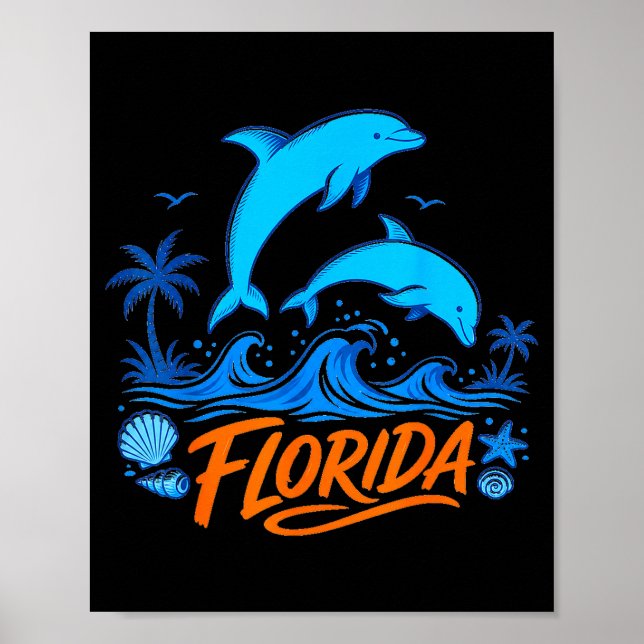 Florida dolphins playful ocean waves design  poster (Front)