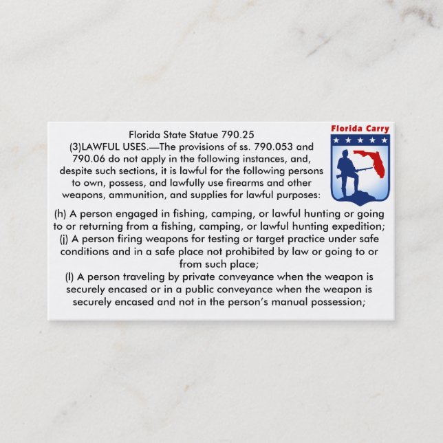 Florida Firearms Open Carry Laws Business cards.. Business Card (Front)