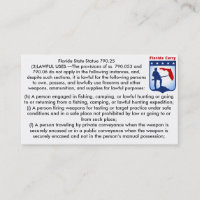 Florida Firearms Open Carry Laws Business cards..