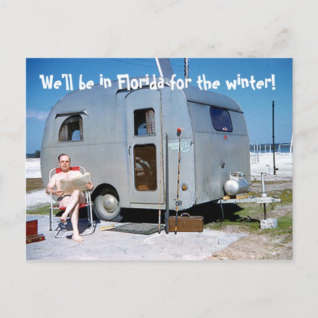 Florida for the winter funny trailer address announcement postcard (Front)