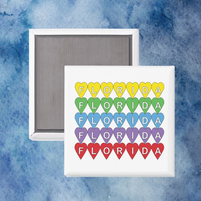 Florida Heart Rainbow Pattern Magnet (A magnet that says Florida with yellow, green, blue, purple and red hearts.)