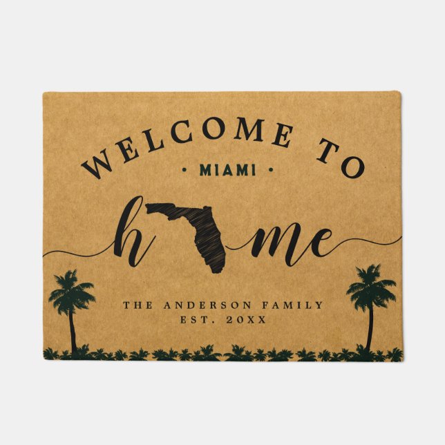 Florida Home State Map USA Minimal Welcome Wood Doormat (Front)
