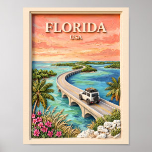Florida Keys USA Travel Vintage Tropical Road Trip Poster
