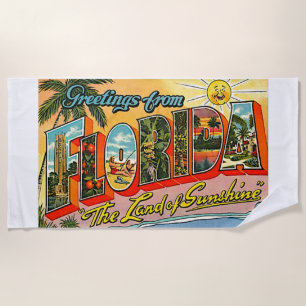 Florida Land Of Sunshine Greetings Colorful Retro Beach Towel