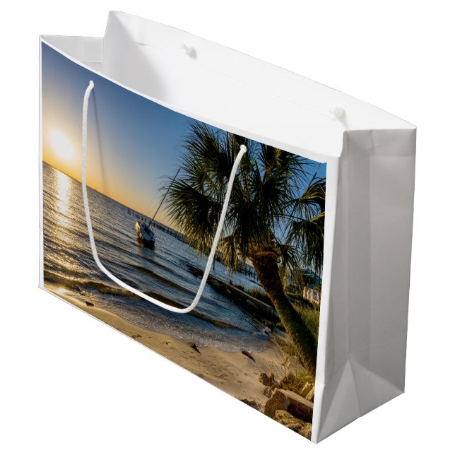 Florida Leaning Palm Tree Sunset Large Gift Bag (Front Angled)