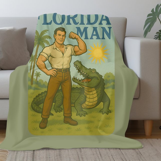 Florida Man Alligator Friend | Funny Retro Coastal Fleece Blanket (Creator Uploaded)
