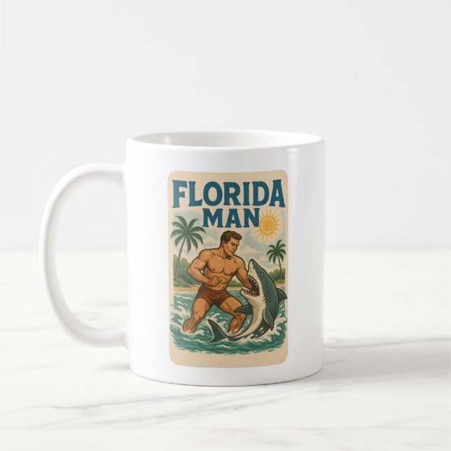 Florida Man Coastal Shark Wrestler - Retro Beach Coffee Mug (Left)