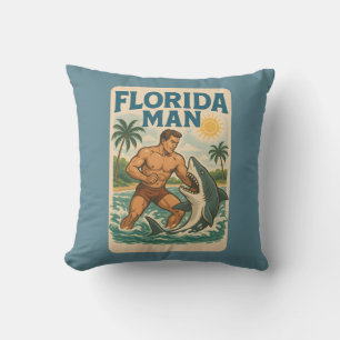 Florida Man Coastal Shark Wrestler - Retro Beach Throw Pillow
