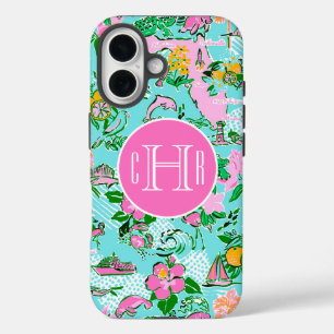 Florida Map Preppy Palm Beach Pattern Monogrammed iPhone 16 Case