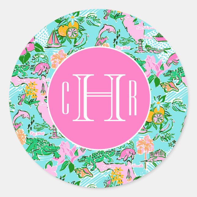 Florida Map Preppy Palm Beach Pattern Monogrammed Classic Round Sticker (Front)