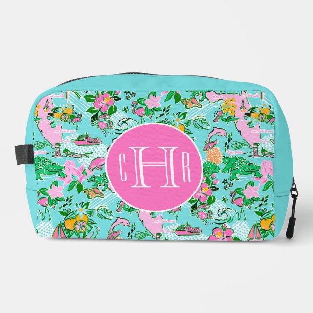Florida Map Preppy Palm Beach Pattern Monogrammed Dopp Kit (Front)