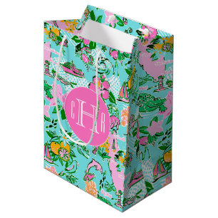 Florida Map Preppy Palm Beach Pattern Monogrammed Medium Gift Bag