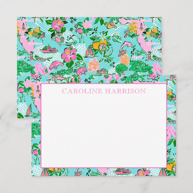 Florida Map Preppy Palm Beach Pattern Print Thank You Card (Front/Back)