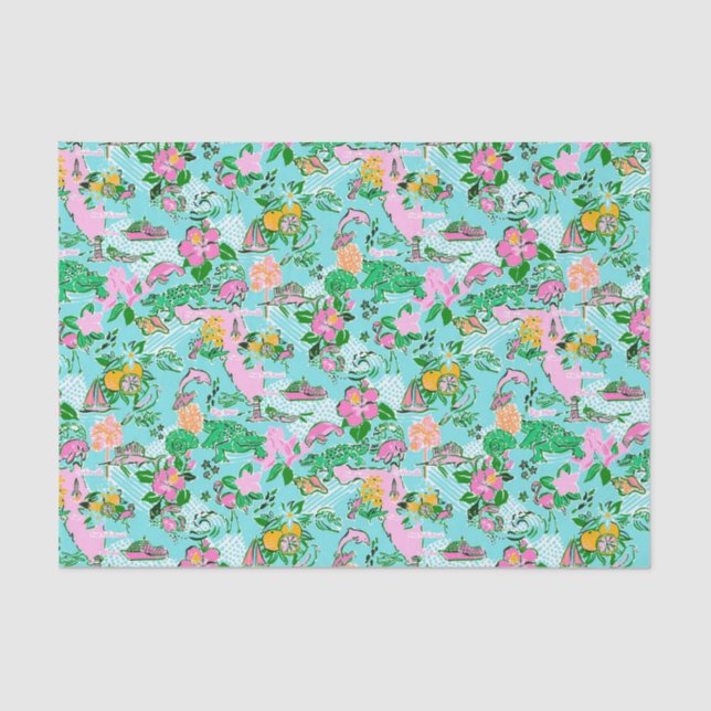 Florida Map Preppy Palm Beach Pattern Print Tissue Paper (Front)