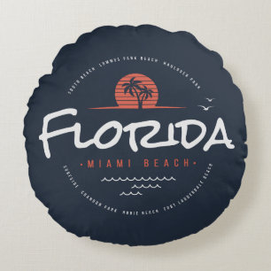 Florida Miami Beach Retro Sunset Palm Tropical Round Pillow