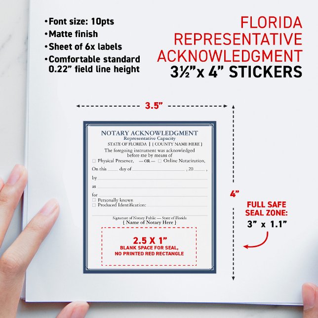 FLORIDA Notary Acknowledgment Certificate Rep Wine Label (Notary Representative Capacity Acknowledgment Certificate Document Correction matte stickers)