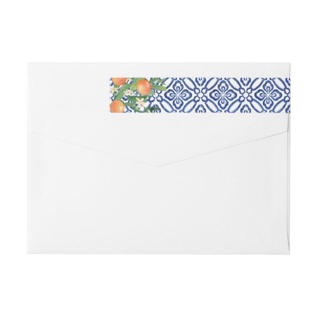 Florida Oranges Blue White Tile Wedding Shower Wrap Around Label (Back)