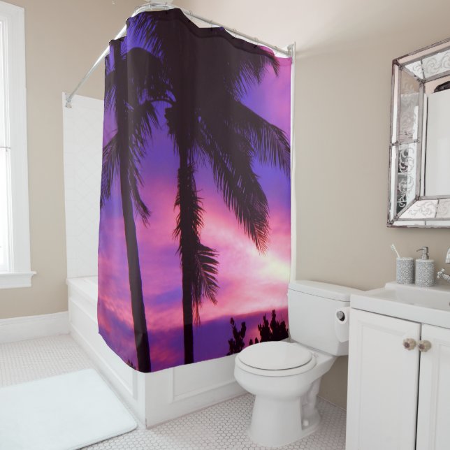 Florida Palm Purple Sunset Shower Curtain (In Situ)