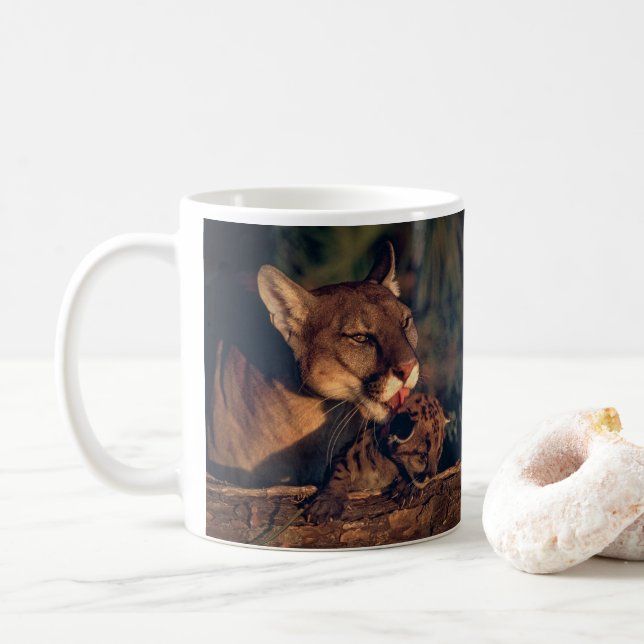 Florida panther licking cub coffee mug (With Donut)