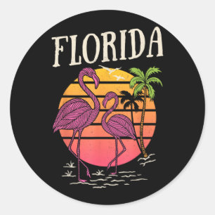 Florida Retro Beach Sunset Palm Tree Pink Flamingo Classic Round Sticker