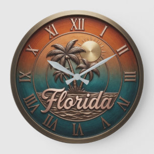Florida Retro Sunset Palm Trees Bronze Large Clock