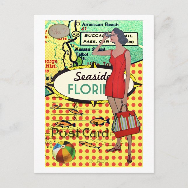 Florida seaside bathing beauty retro bathing suit postcard (Front)