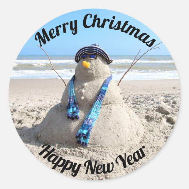 Florida Snowman Stickers - Sand Sculpture - Beach (Front)