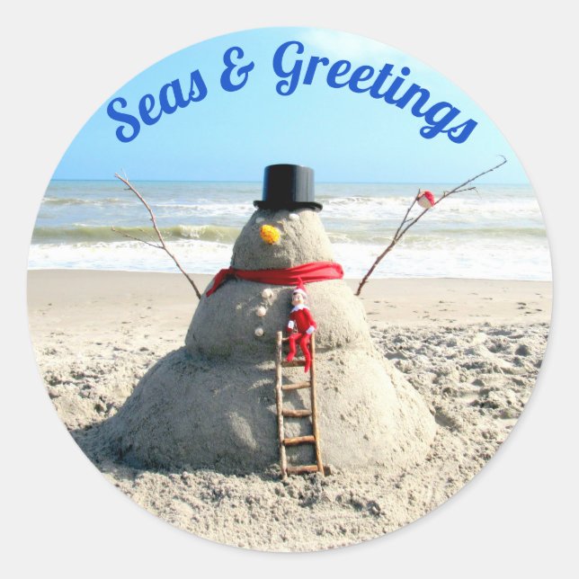 Florida Snowman w/ Elf - Sand Sculpture - Beach  Classic Round Sticker (Front)