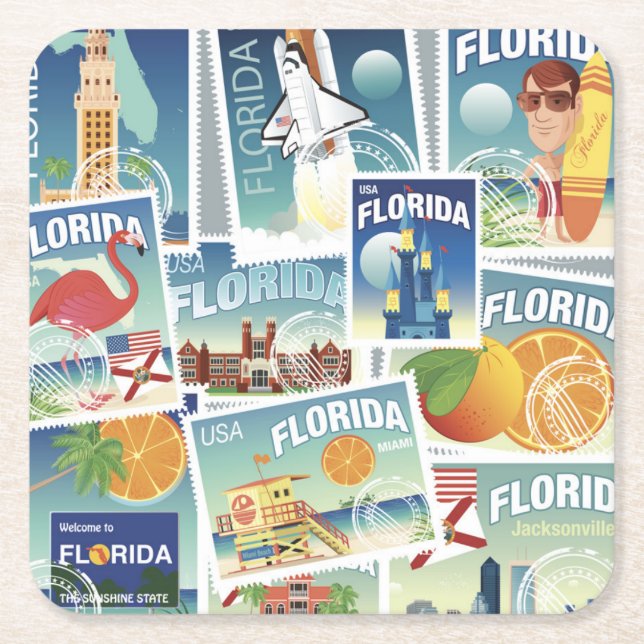 Florida Stamps Square Paper Coaster (Front)