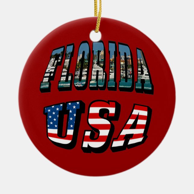 Florida State and USA Flag Text Ceramic Ornament (Front)