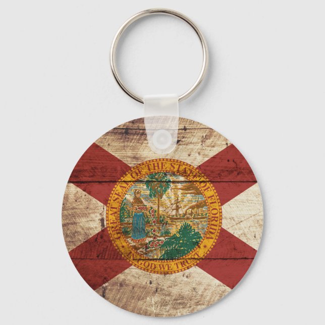Florida State Flag on Old Wood Grain Keychain (Front)