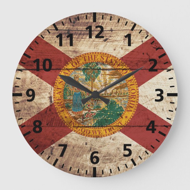 Florida State Flag on Old Wood Grain Large Clock (Front)