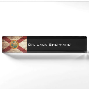 Florida State Flag on Old Wood Grain Nameplate