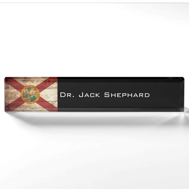 Florida State Flag on Old Wood Grain Nameplate (Front)