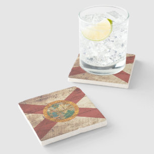Florida State Flag on Old Wood Grain Stone Coaster