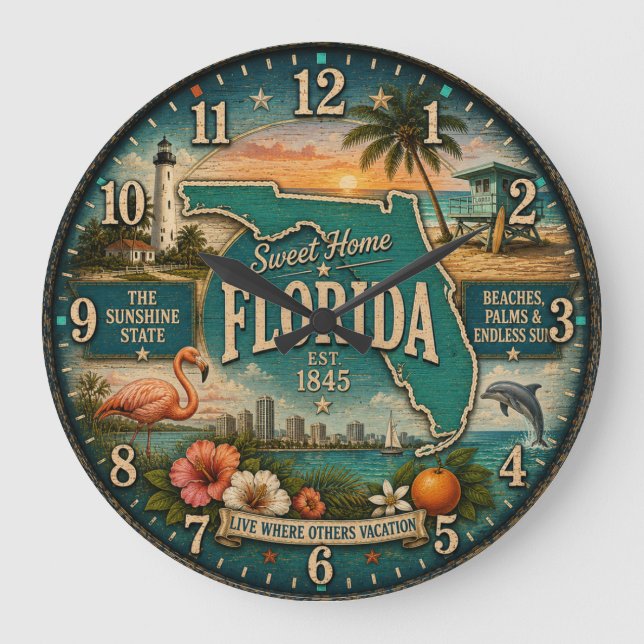 Florida State Heritage Flamingo Beaches Large Clock (Front)