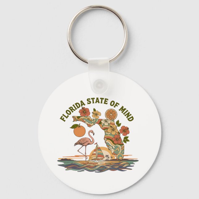 Florida State of Mind Retro Flamingo Sailboat Gift Keychain (Front)