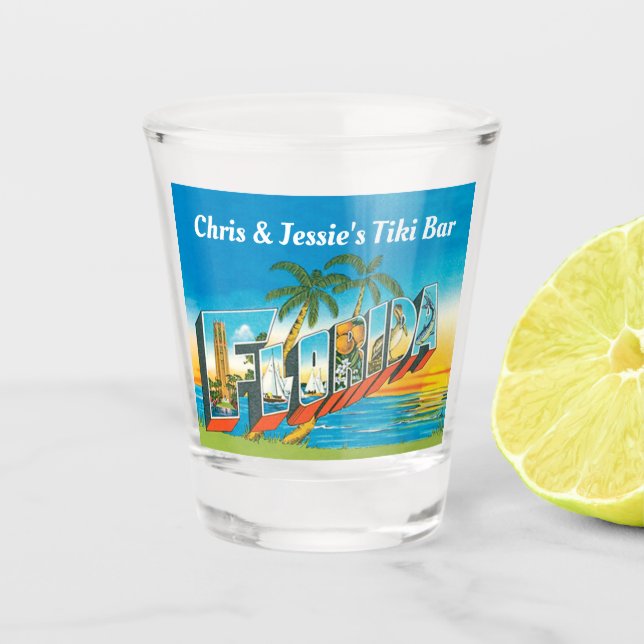 Florida Tiki Bar with names and beach sunset Shot Glass (Front)