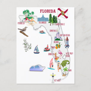 Florida tourist map with landmarks postcard