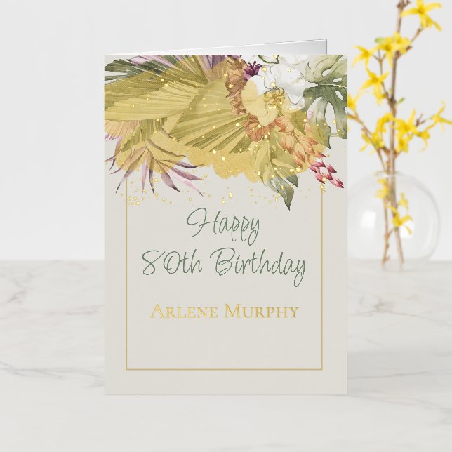 Florida Tropical Palms and Orchid 80th Birthday Foil Greeting Card (Yellow Flower)