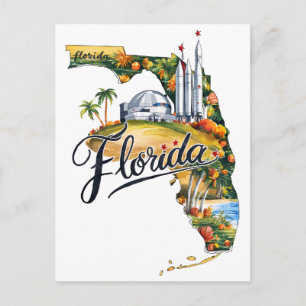 Florida USA State Shaped Vintage Watercolor Postcard