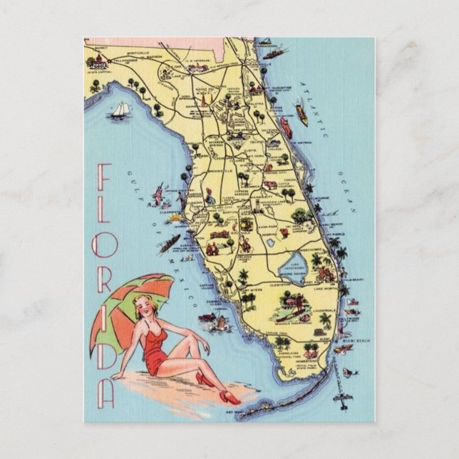 Florida vintage travel map with attractions postcard (Front)