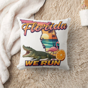 Florida We Run Sunset Alligator Flamingo Sports Throw Pillow