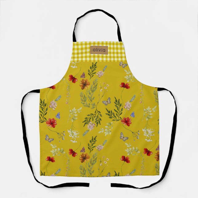Florist gardening watercolor wildflower gingham  apron (Front)