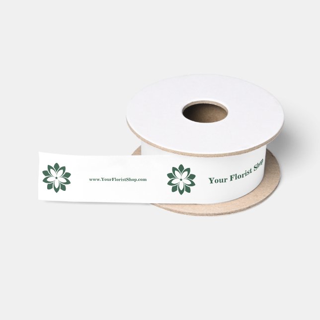  🎀Florist Green Blossom Logo and Custom White Satin Ribbon (Spool)