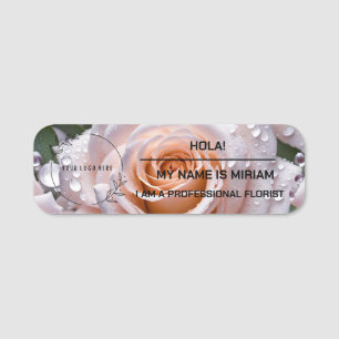 Florist less formal name tag. Rose background.  Tag