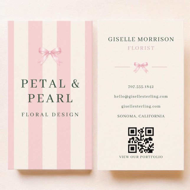 Florist Pink Green Striped Bow QR Code Business Card (Creator Uploaded)