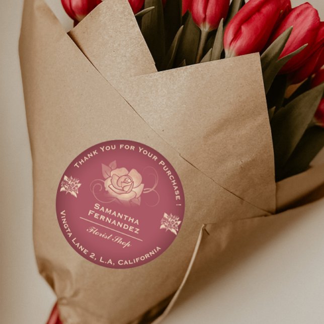 Florist Rose Flower Red & Beige Business Classic Round Sticker (Creator Uploaded)