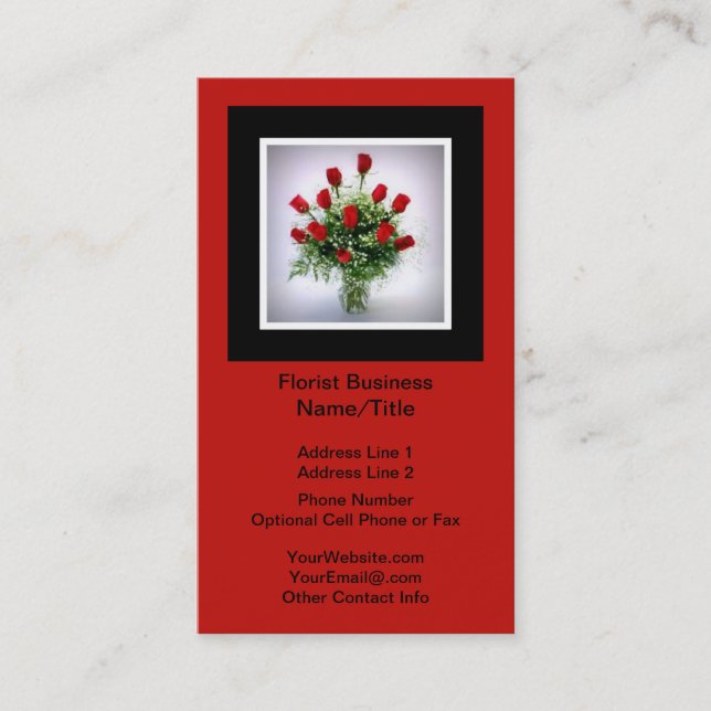 Florist | Roses Bouquet Vertical Black Red Business Card (Front)